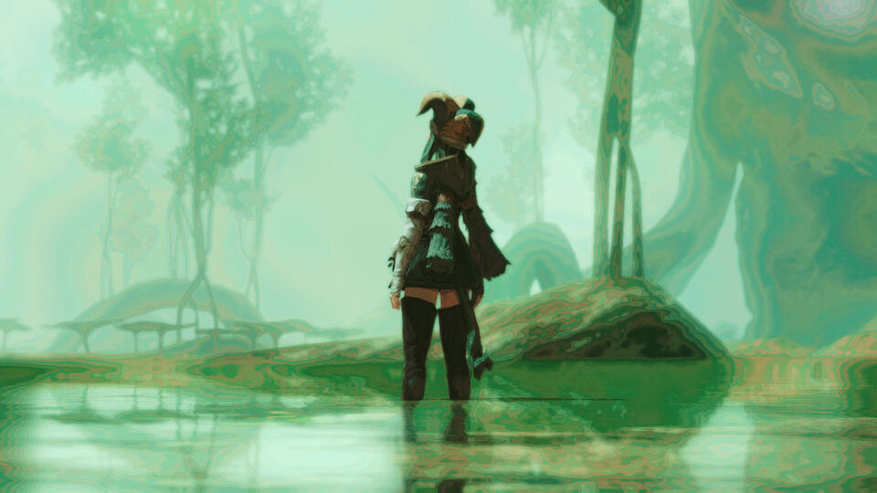 shot from behind of phoebe standing in a swamp surrounded by green mist looking upwards