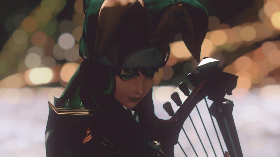 phoebe holding a lyre and looking downwards with a contemplative expression